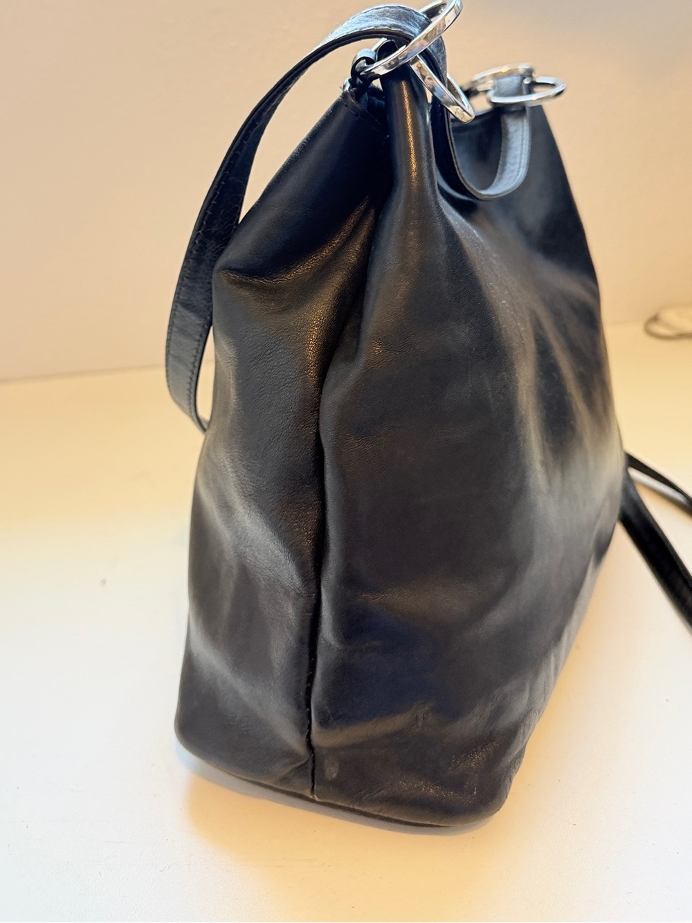 VINTAGE BLACK LEATHER SHOULDER BAG GOLD X LOGO ITALY purse - Picture 6 of 9